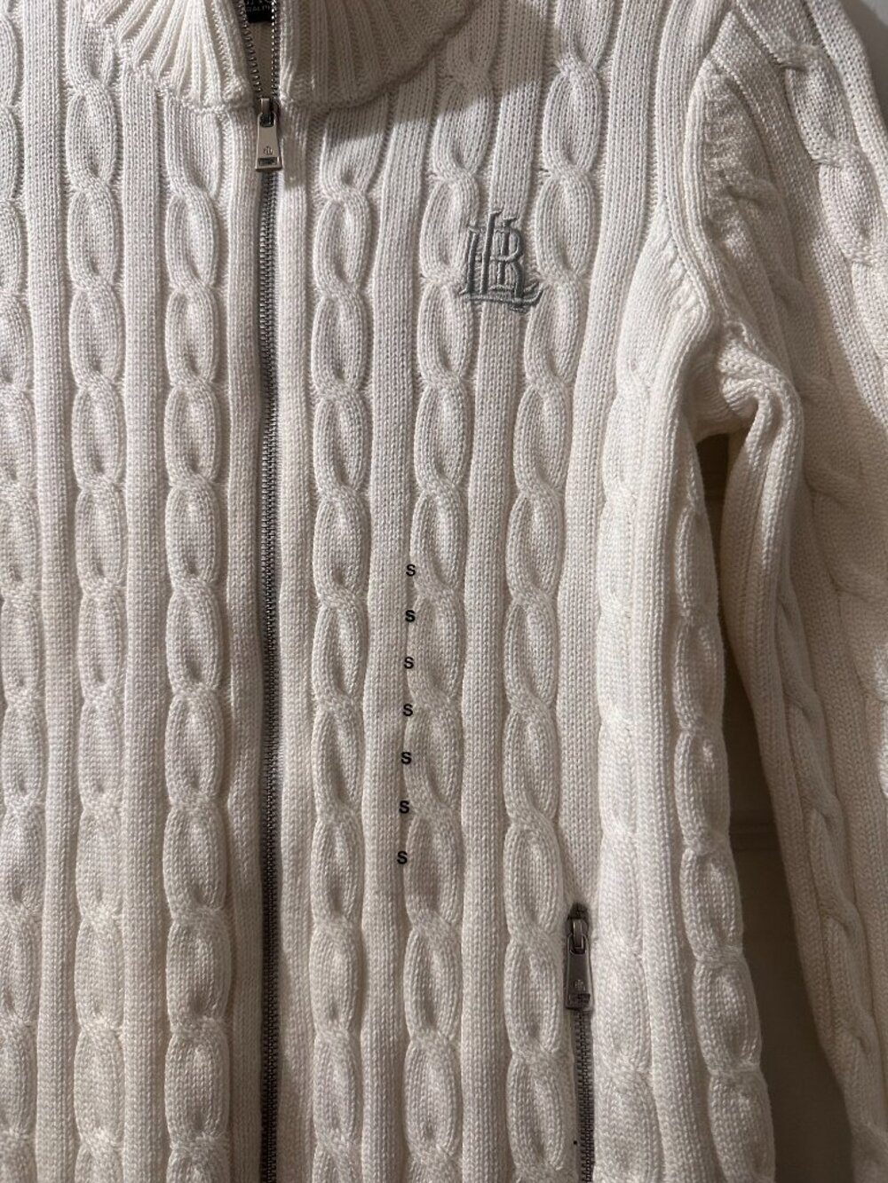 Ralph Lauren White Cable-Knit Cotton Full-Zip Sweater Size S - Picture 2 of 9
